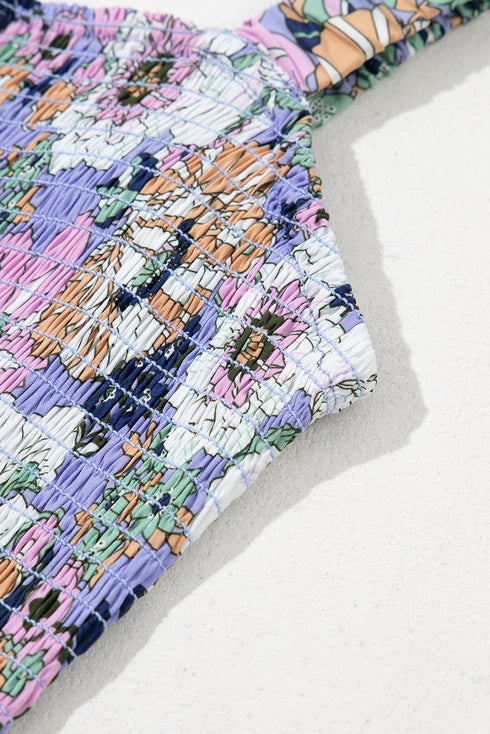 Retro Floral Print Smocked Bodice Wide Leg Jumpsuit